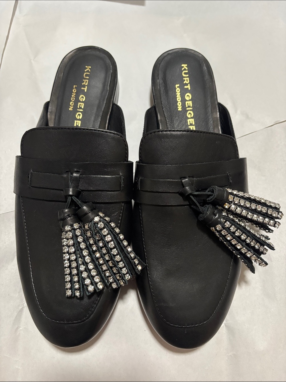 Kurt Geiger Black Leather Tassel Mules with Crystal-Embellished Tassels